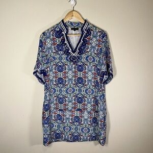 Boho Luxe 100% Silk Soutache Trim Mini Dress Blue Mosaic Print Tunic Shift